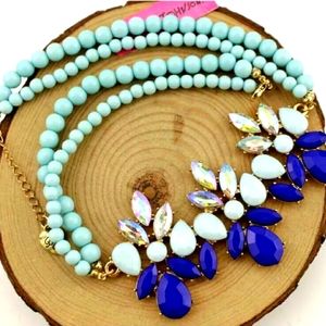 Crystal blue pearl choker bib necklace